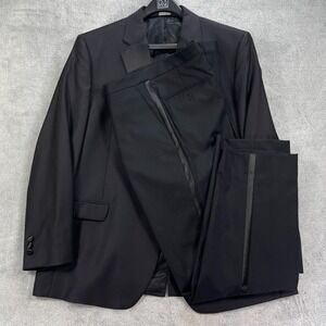 Jos A Bank Tuxedo Suit Mens 44R 43W Wool Blend Tailored Fit Black Tie Event